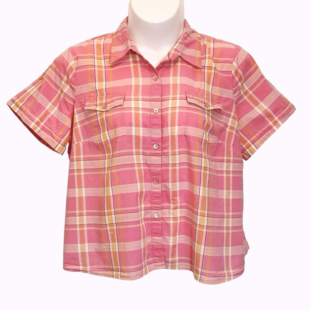 Villager By Liz Claiborne Button-Up Blouse Top Womens Size 18W Pink Orange Plaid